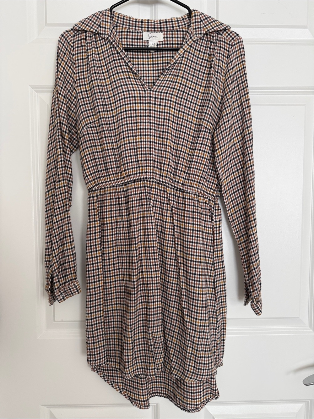 Japna Plaid Long-Sleeve Collared Plaid Dress in brown, black, mustard, white